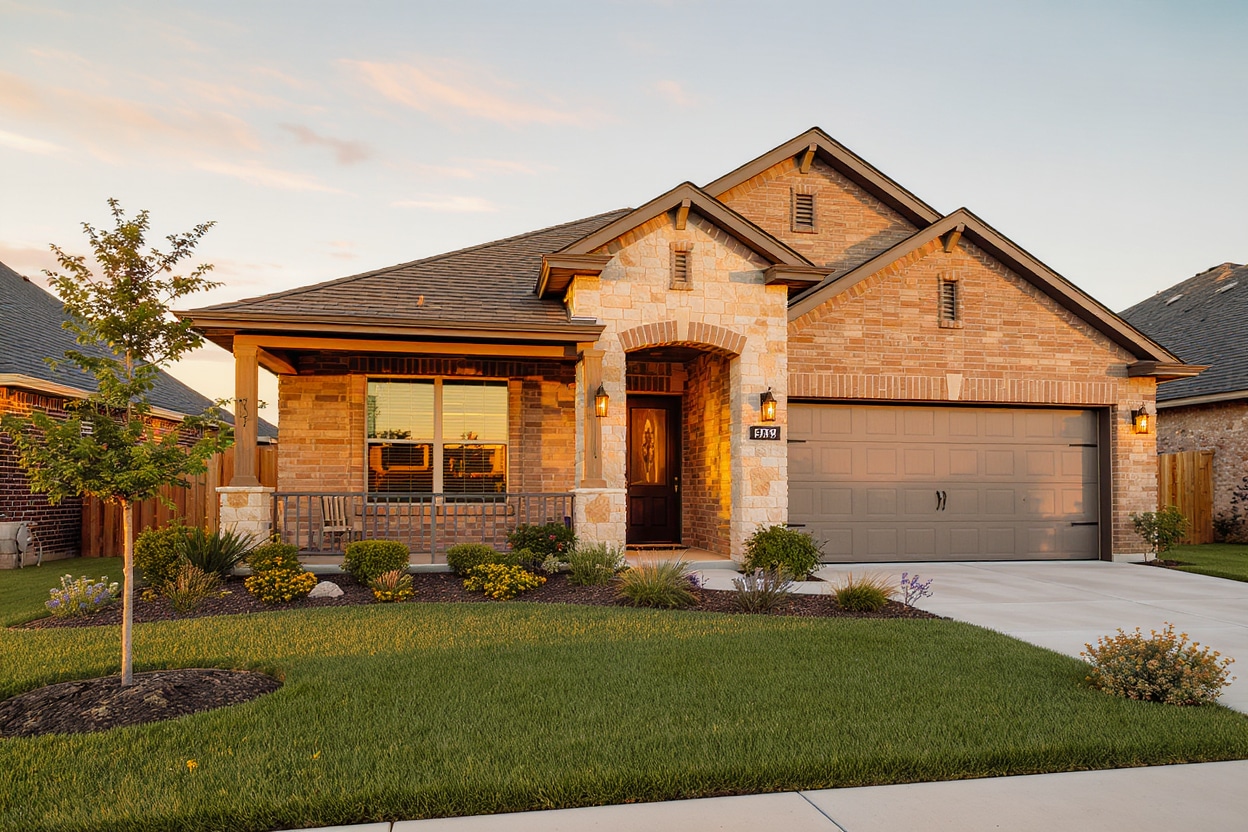 single family home at sunset with green grassy yard