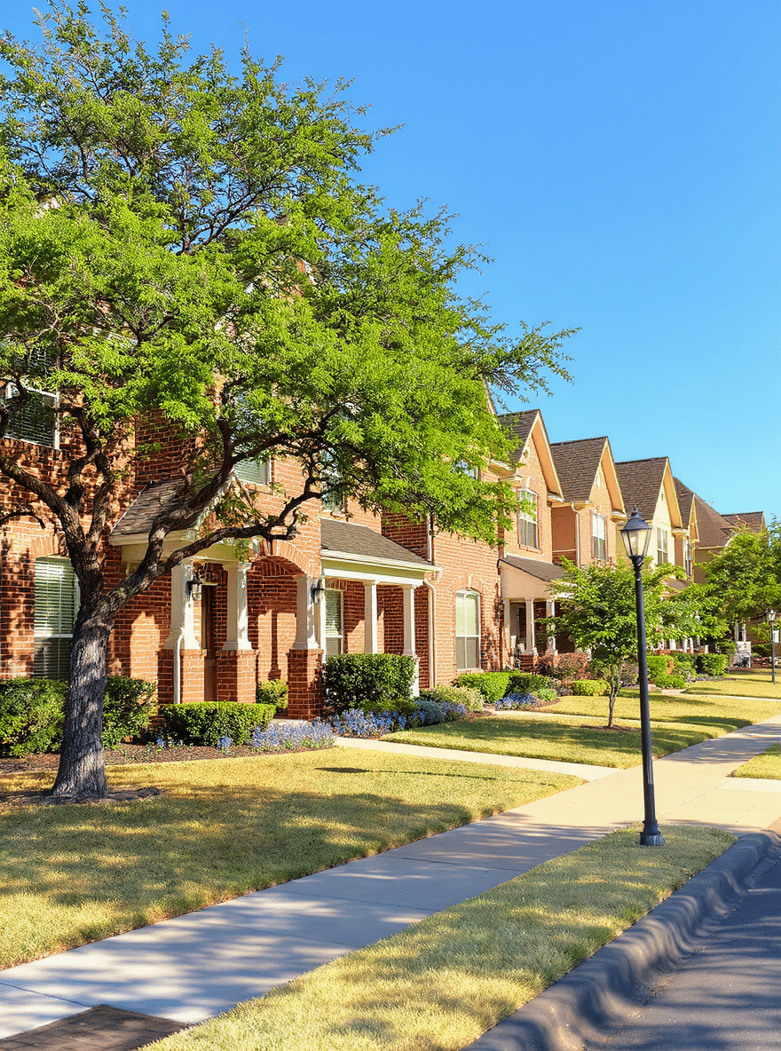 Brick townhomes along a sunny, tree-lined street in the Dallas–Fort Worth, Texas area.