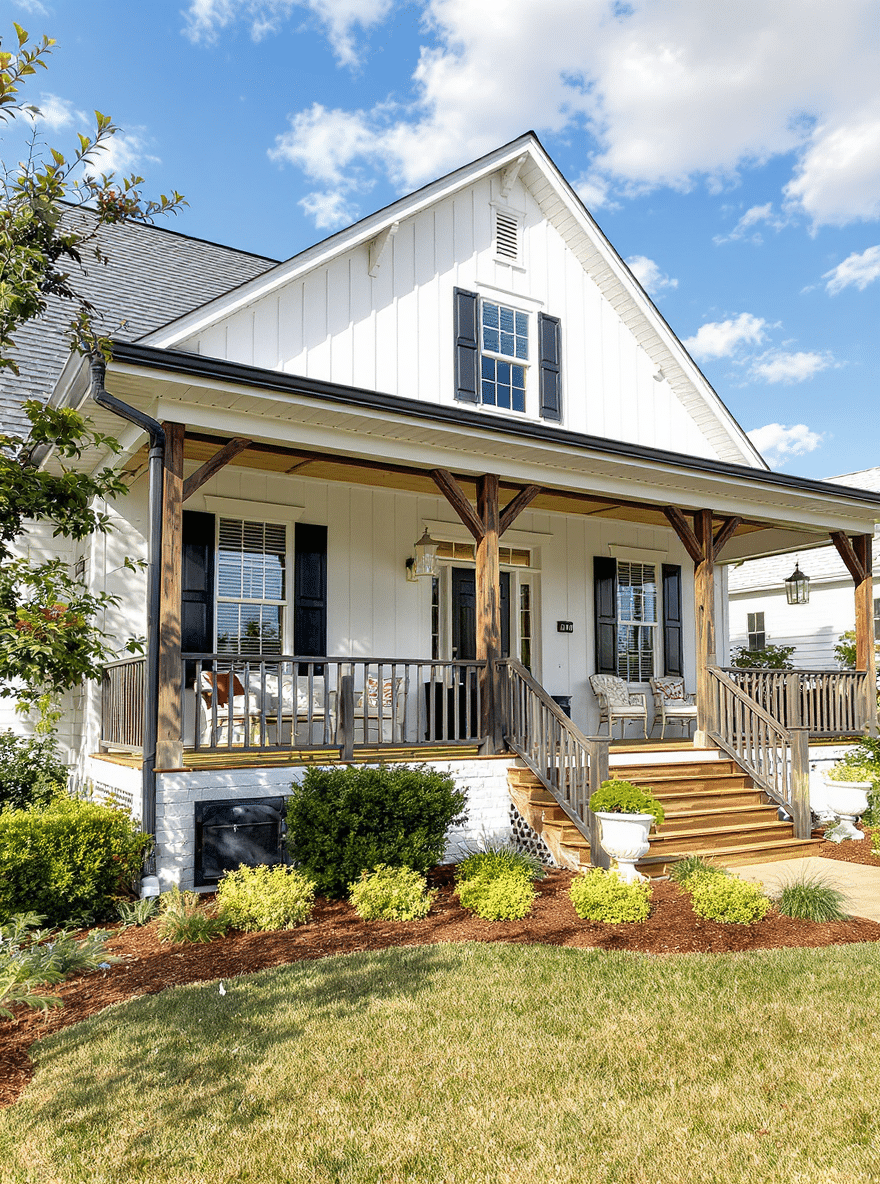 White home with exposed wood on porch and a minimalist landscaping